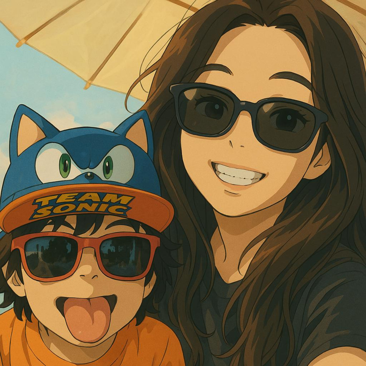 Illustration of a woman and a child wearing sunglasses with a blue character hat.