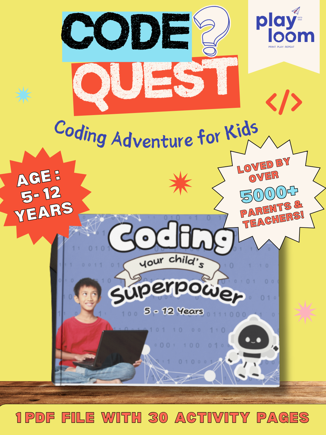 Coding activity book for kids ages 5 to 12 – printable STEM worksheets with fun robot design and screen-free learning by Playloom
