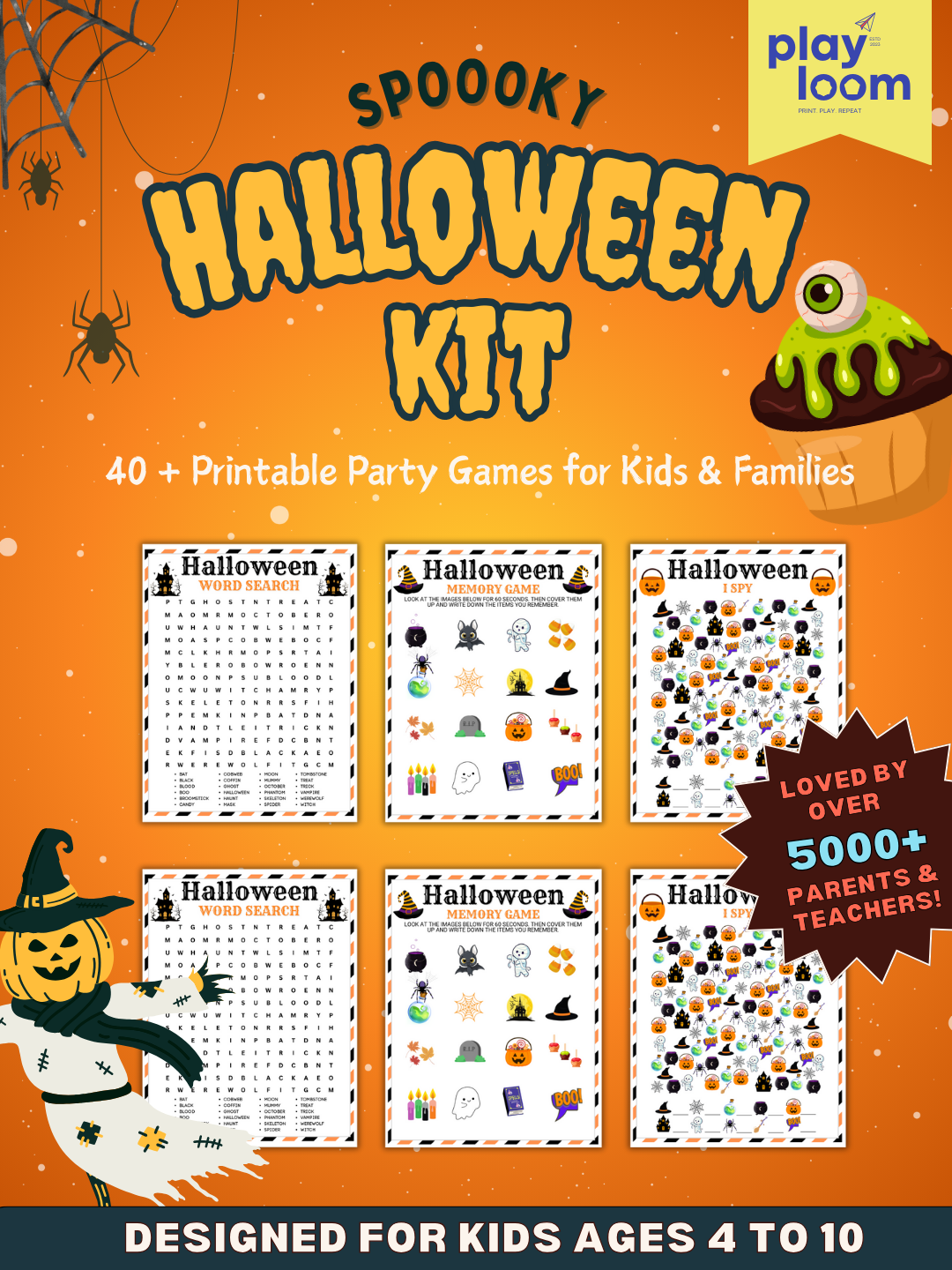Printable Halloween party games for kids – 40 PDF activities including word search, trivia, charades, bingo, and more