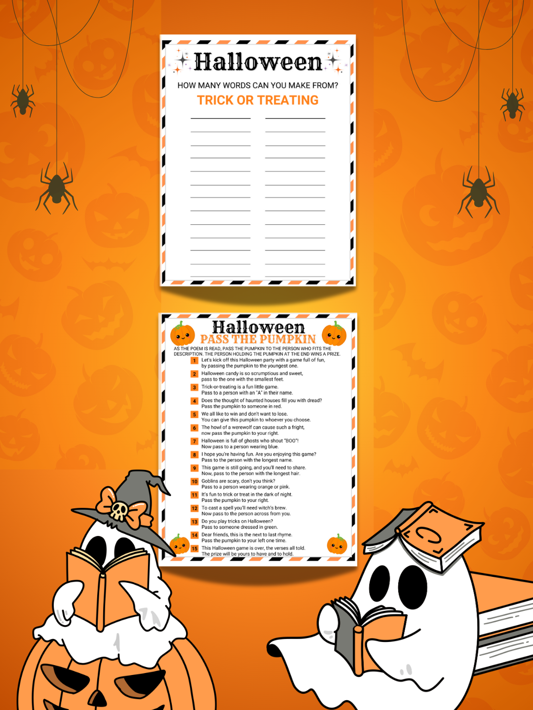 Halloween-themed activity sheets with pumpkins and ghosts on an orange background.