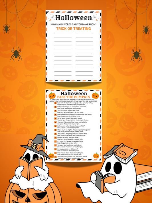 Halloween-themed activity sheets with pumpkins and ghosts on an orange background.