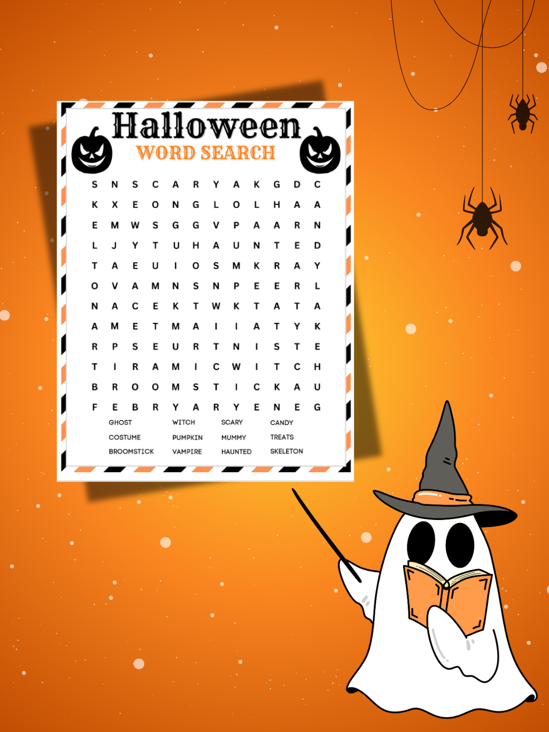 Halloween word search sheet with a ghost holding a book on an orange background.