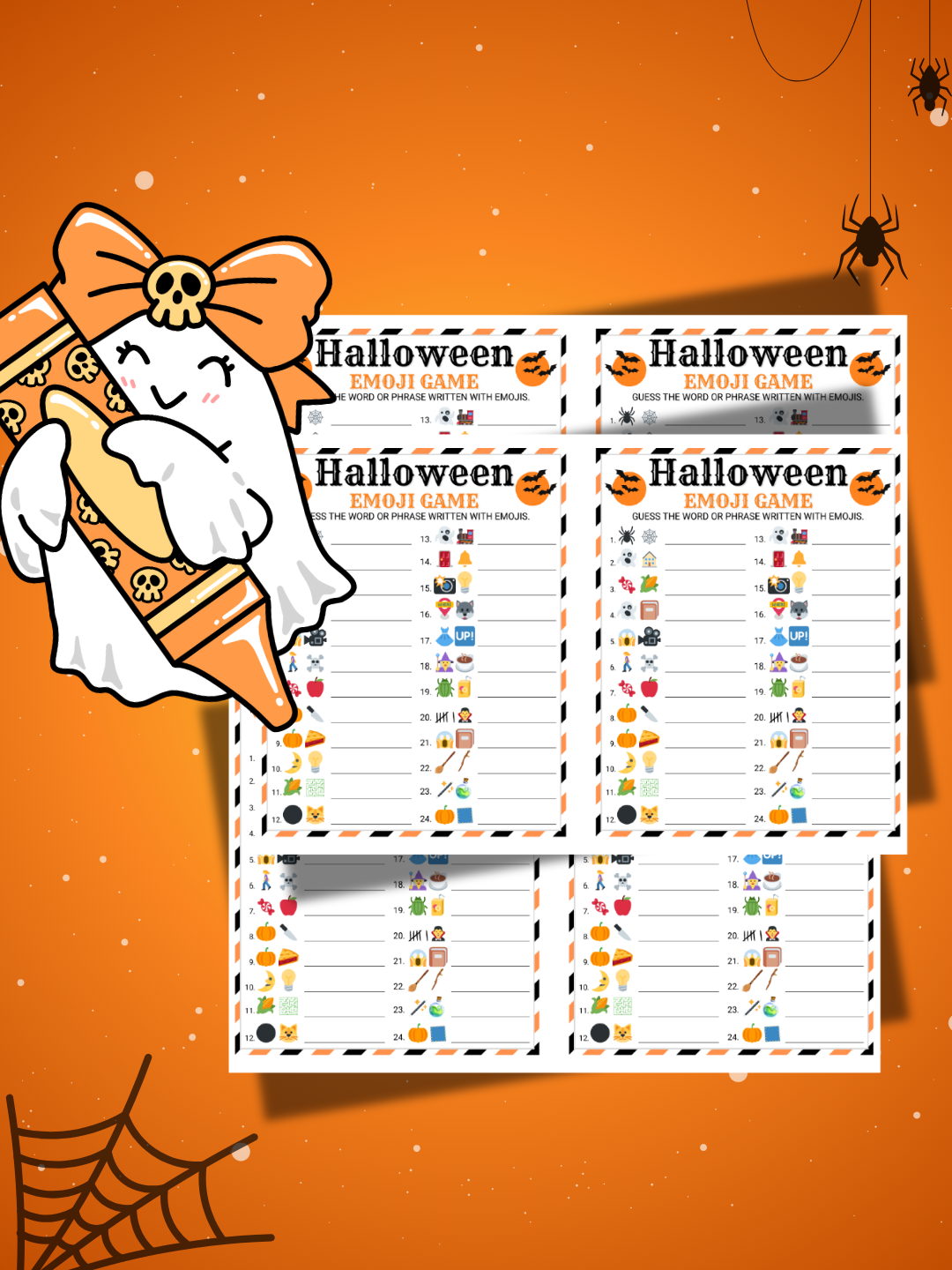 Halloween emoji game sheets on an orange background with ghost and candy corn illustrations.