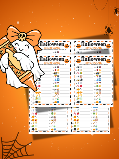 Halloween emoji game sheets on an orange background with ghost and candy corn illustrations.