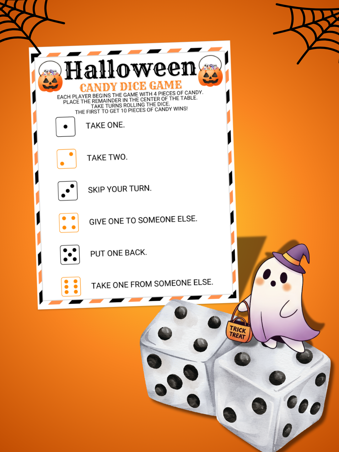 Halloween candy dice game sheet with dice on an orange background