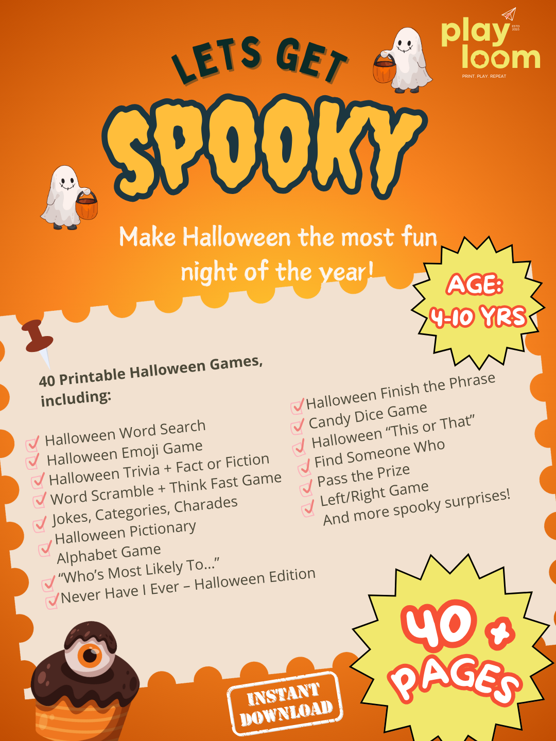 Halloween-themed activity book cover with text and graphics on an orange background