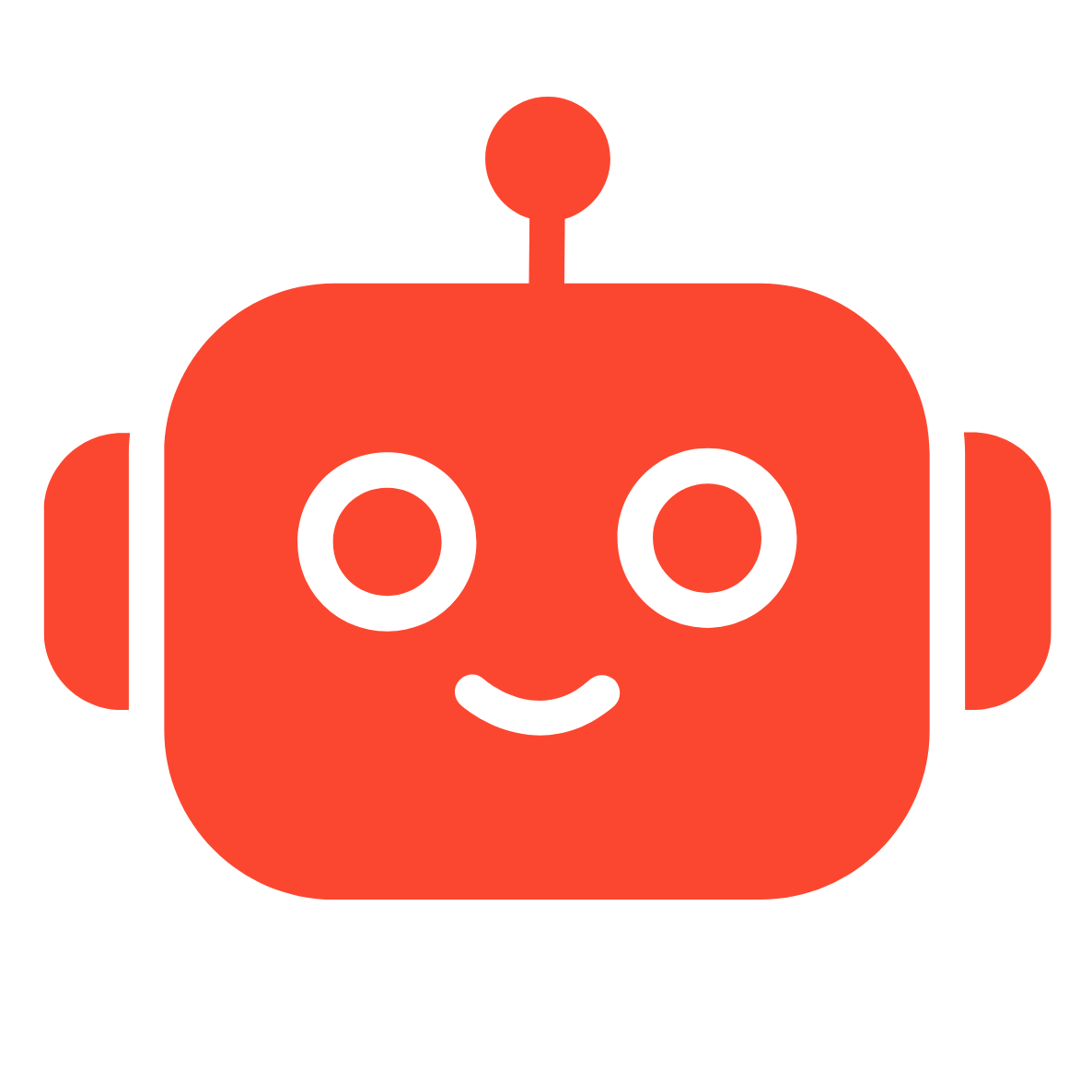 Red robot icon with a smiling face on a white background