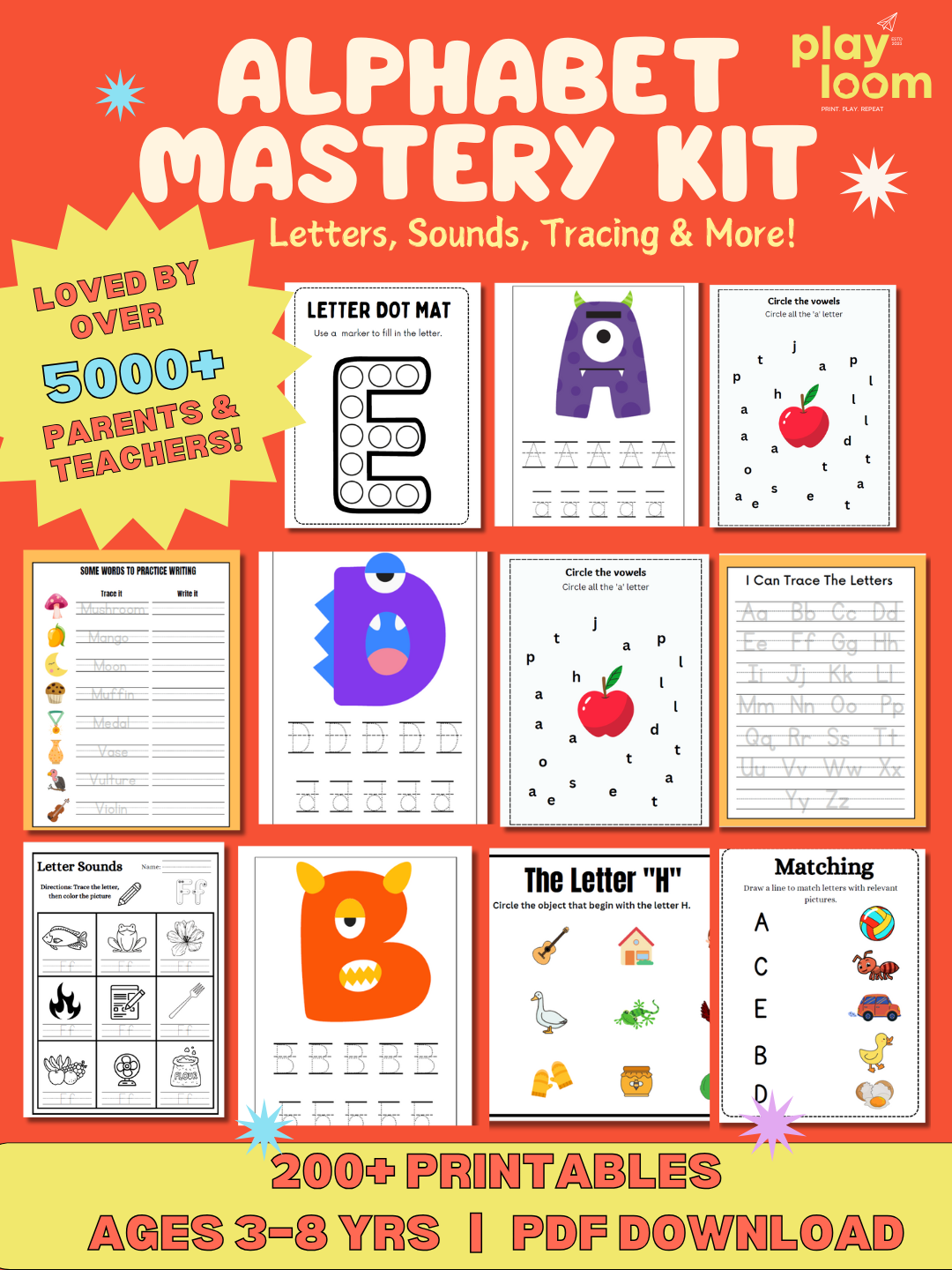 Alphabet mastery kit with various educational pages on a red background