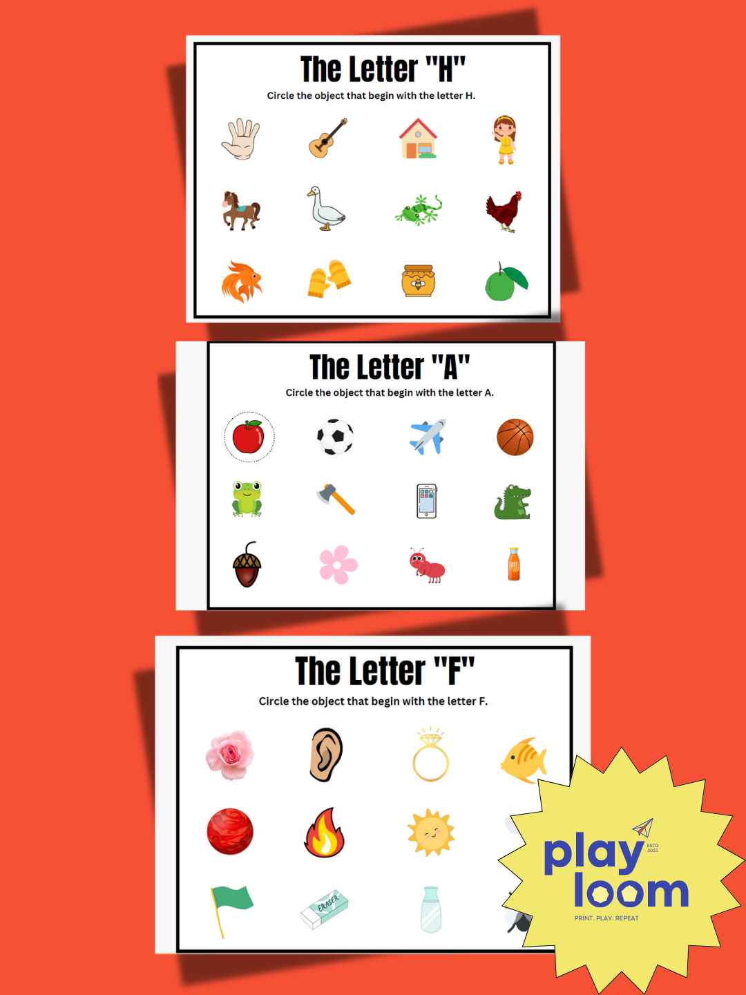 Three educational posters for the letters 'H', 'A', and 'F' on a red background with 'Play Loom' branding.