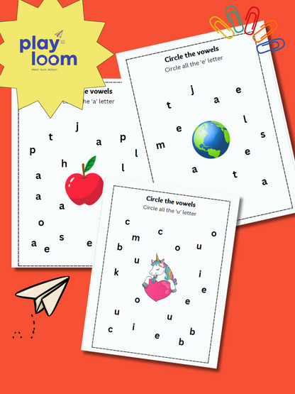 Educational worksheets with vowels on a red background, featuring the Play Loom logo.