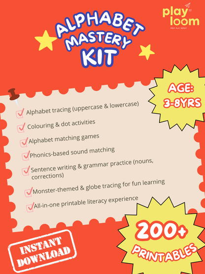 Make learning letters fun with Playloom’s Alphabet Mastery Kit — printable tracing, phonics, and letter-recognition activities for kids aged 3–6. Loved by 5000+ parents and teachers!