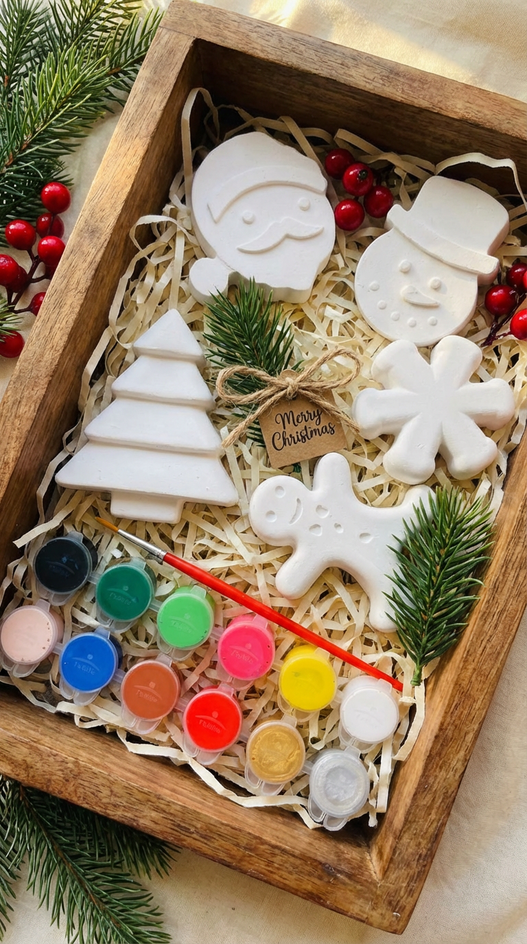 Playloom Christmas craft kit in wooden box with paints, brushes, and ceramic ornaments (Santa, snowman, gingerbread, snowflake, Christmas tree).